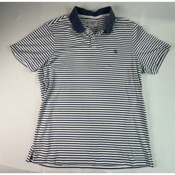 Original Penguin Mens Blue / White Stripe Polo Shirt Size Large Short‎ Sleeve - Picture 1 of 7